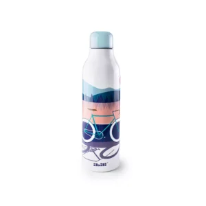 Παγούρι θερμός Ibili Norabidea 500ml με καλλιτεχνικό σχέδιο που απεικονίζει ένα ποδήλατο σε τοπίο με βουνά και δάσος.